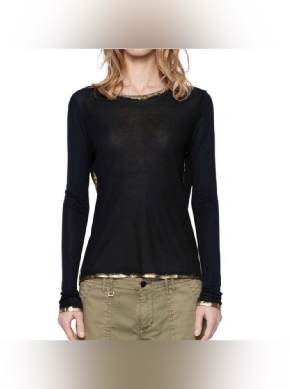 New Zadig & Voltaire Willy Foil Silver Long Sleeve Top in Black *S